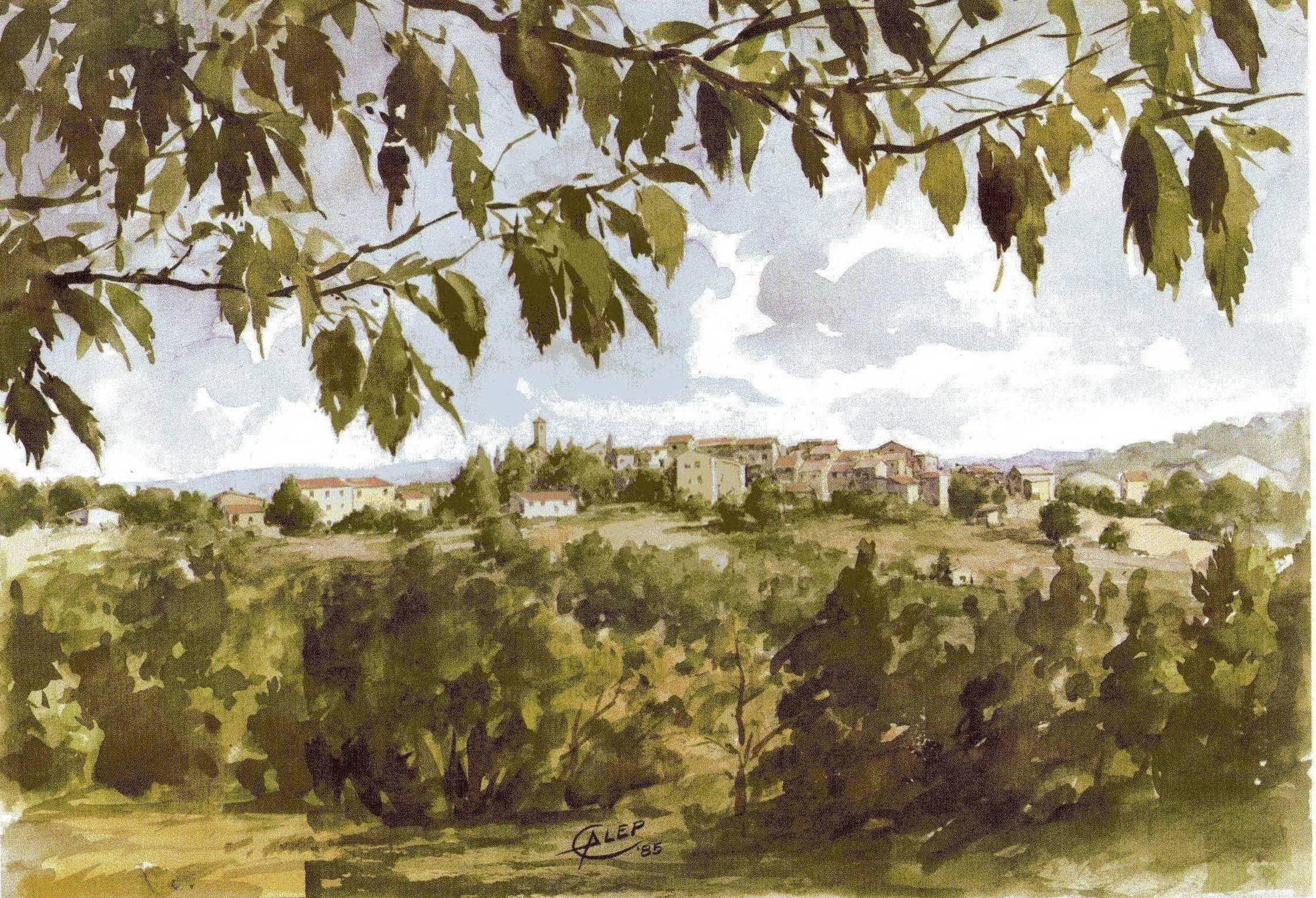 (Foto n. 2) Casale di Pari visto da Galep, acquarello, 1985. Andrea Barbieri, 'Aurelio Galleppini - storia di un'avventura', stampato presso Vanzi Industria Grafica, Colle Val d'Elsa (SI), settembre 2009, p. 118.