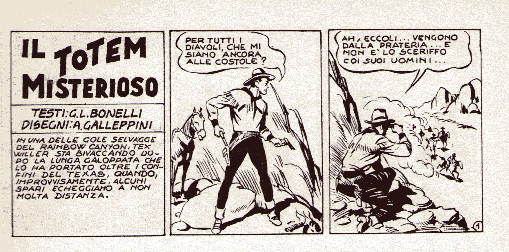 (Foto n. 5) Una tavola di Tex (Disegno di Aurelio Galleppini) (Da Tex nuova ristampa n. 1, p. 3, Sergio Bonelli Editore, Milano, febbraio 1996)